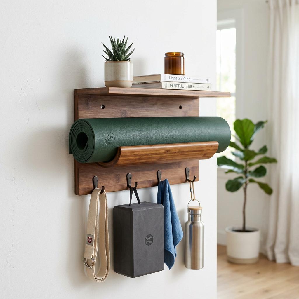 Bikoney Bamboo Wall-Mounted Yoga Mat Holder with Shelf