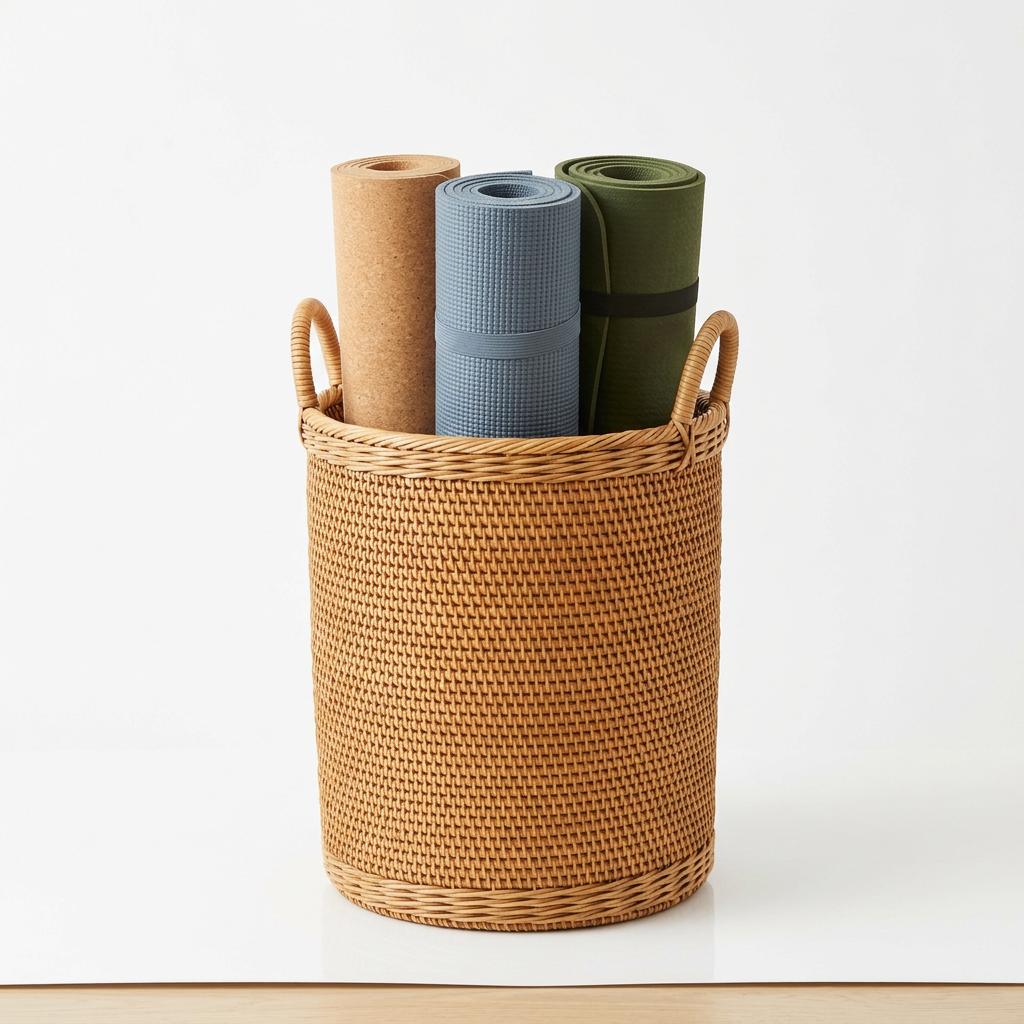 Woven Wicker Freestanding Yoga Mat Storage Basket